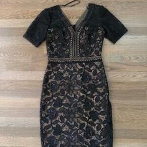 Tadashi Shoji Petite Black Lace Nude Lined Knee Length Cocktail Sheath Dress 4P
